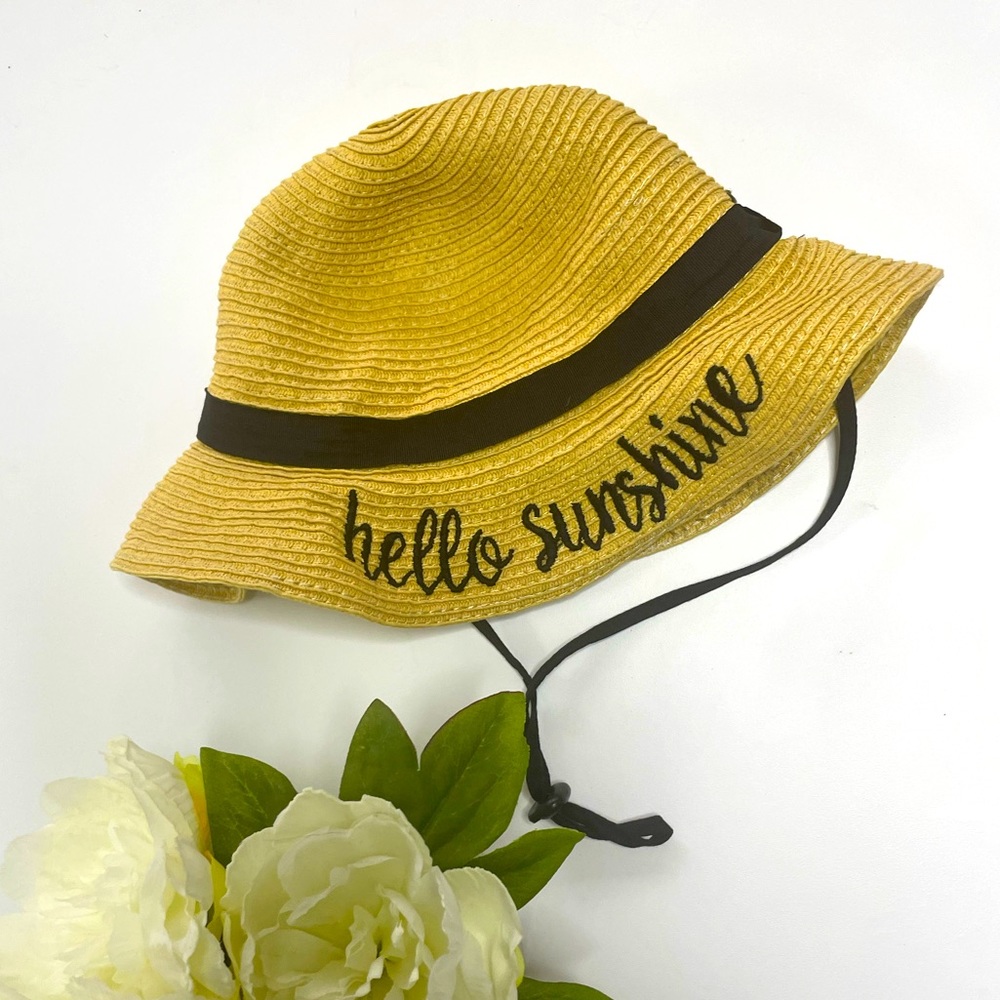 C.C kid’s Weaved  Beach Embroidered Quote Floppy Brim Sun Hat hello sunshine